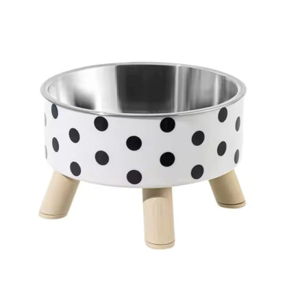 Elevated pet food bowls with polka dot