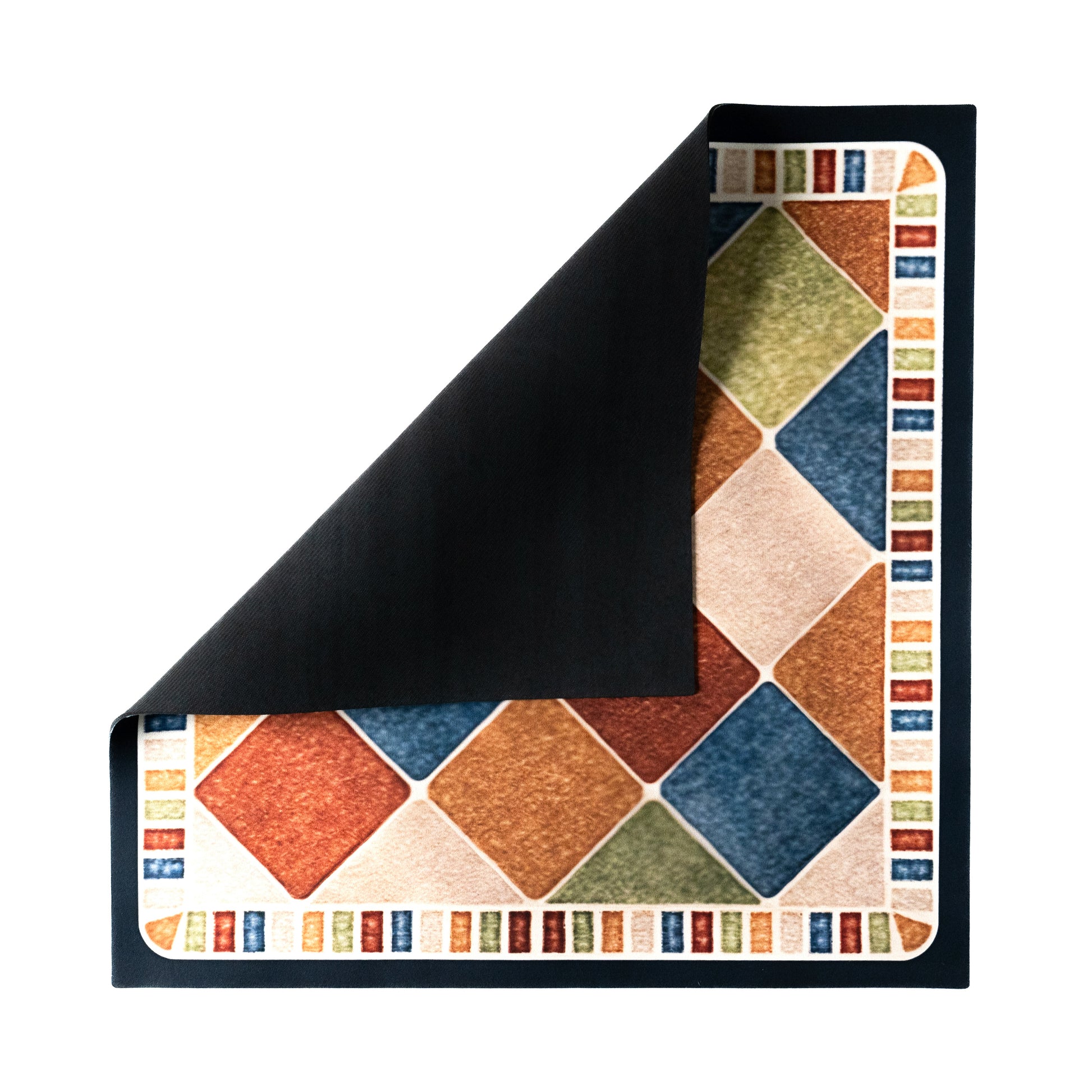 Checked pattern mat folded slightly showing backside.