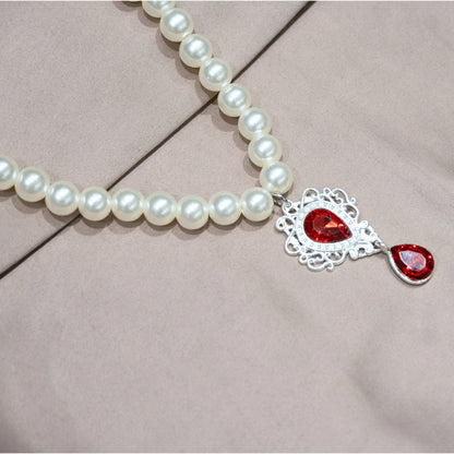 Pet pearl necklace with red semi-precious gemstone pendant