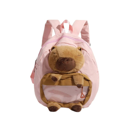 Front view showing accessories inside of pink Cuddly Buddy Backpack