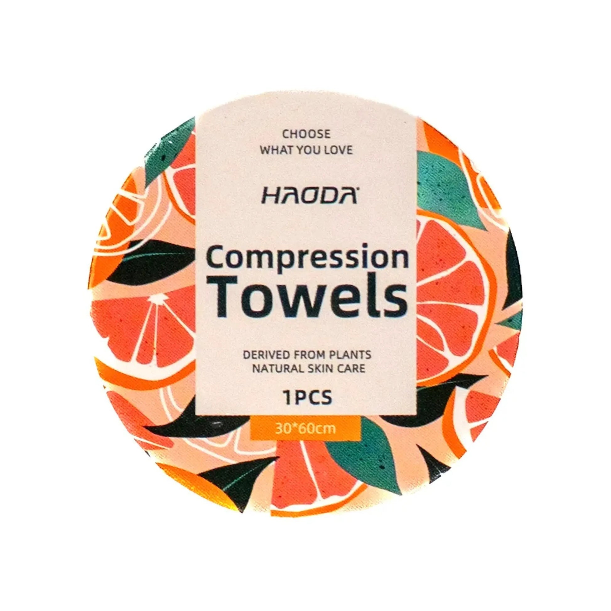 Packed plant based compression towel displayed on a white background