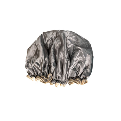 Grey shower cap from downside view on white background.