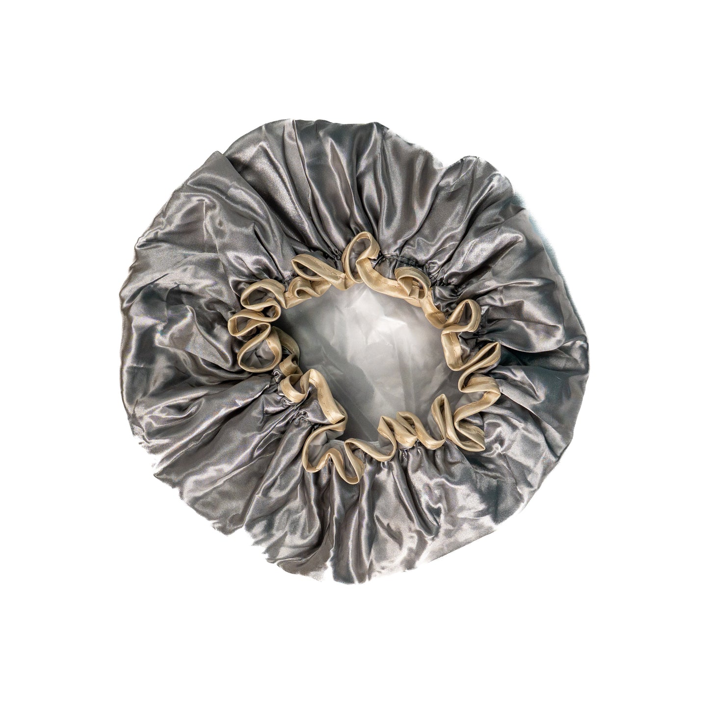 Grey shower cap from downside view on white background.