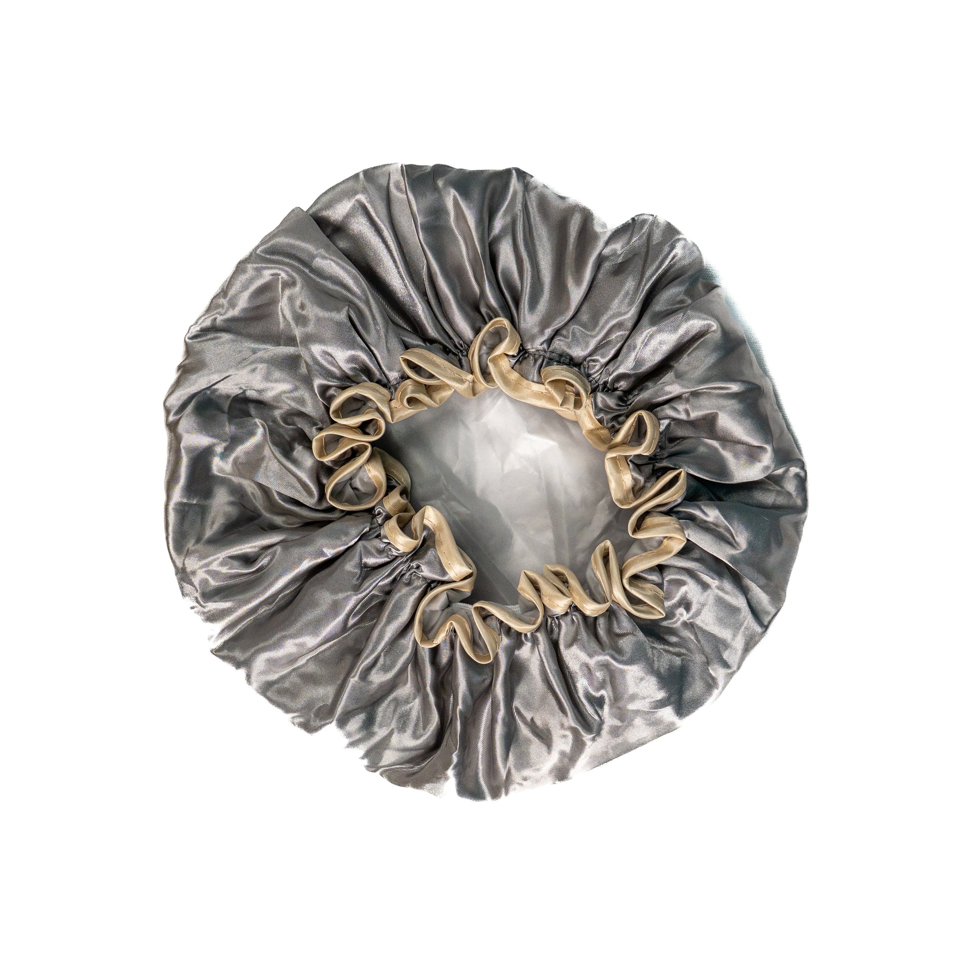 Grey shower cap from downside view on white background.