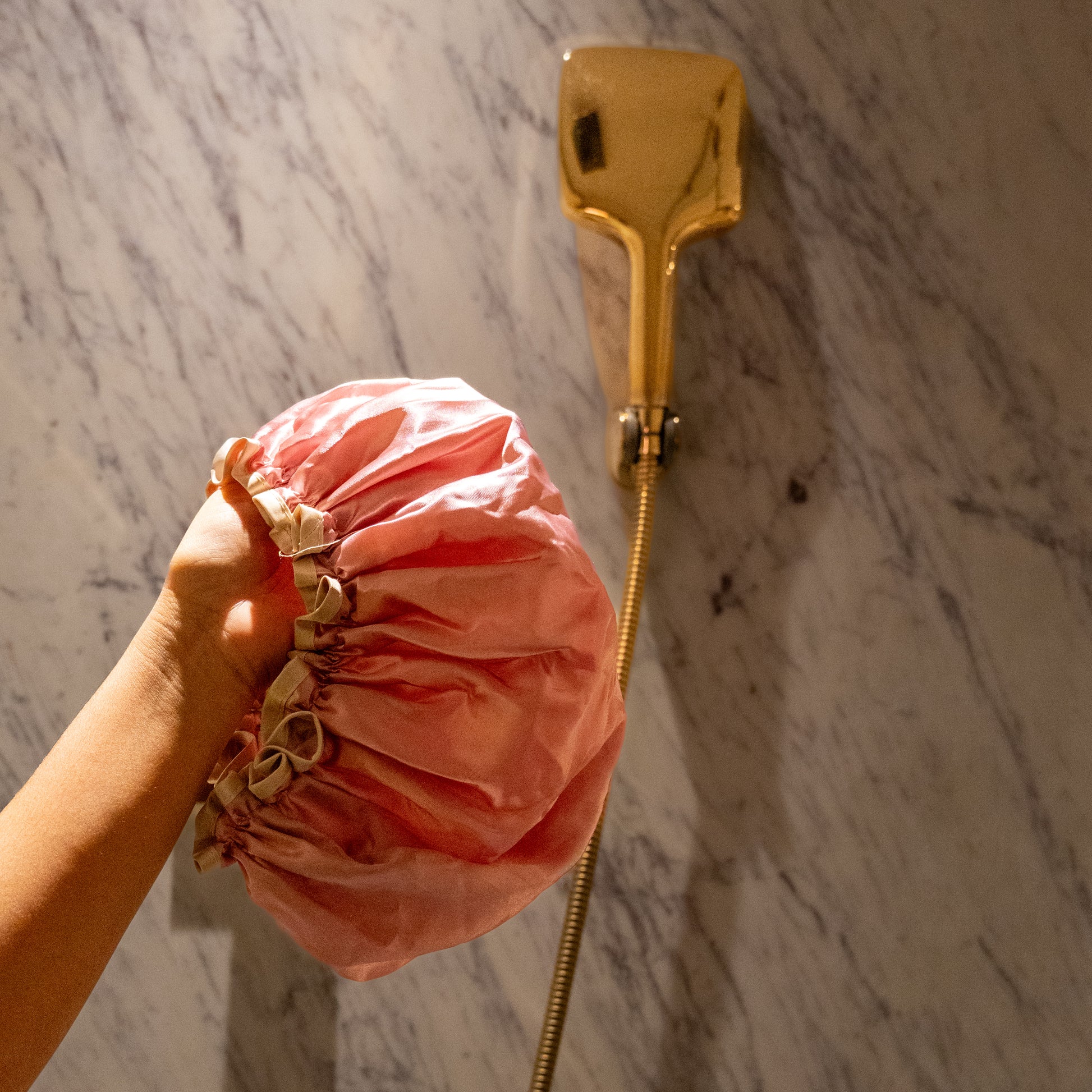 Pink shower cap side view