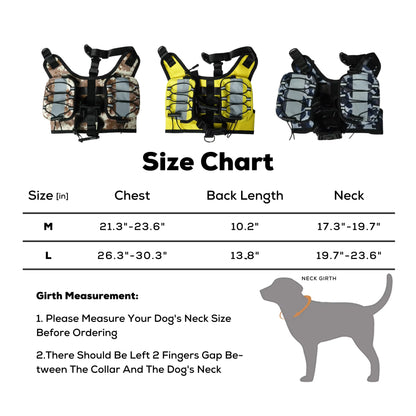 Camouflage Dog Harness with sizes and measurements