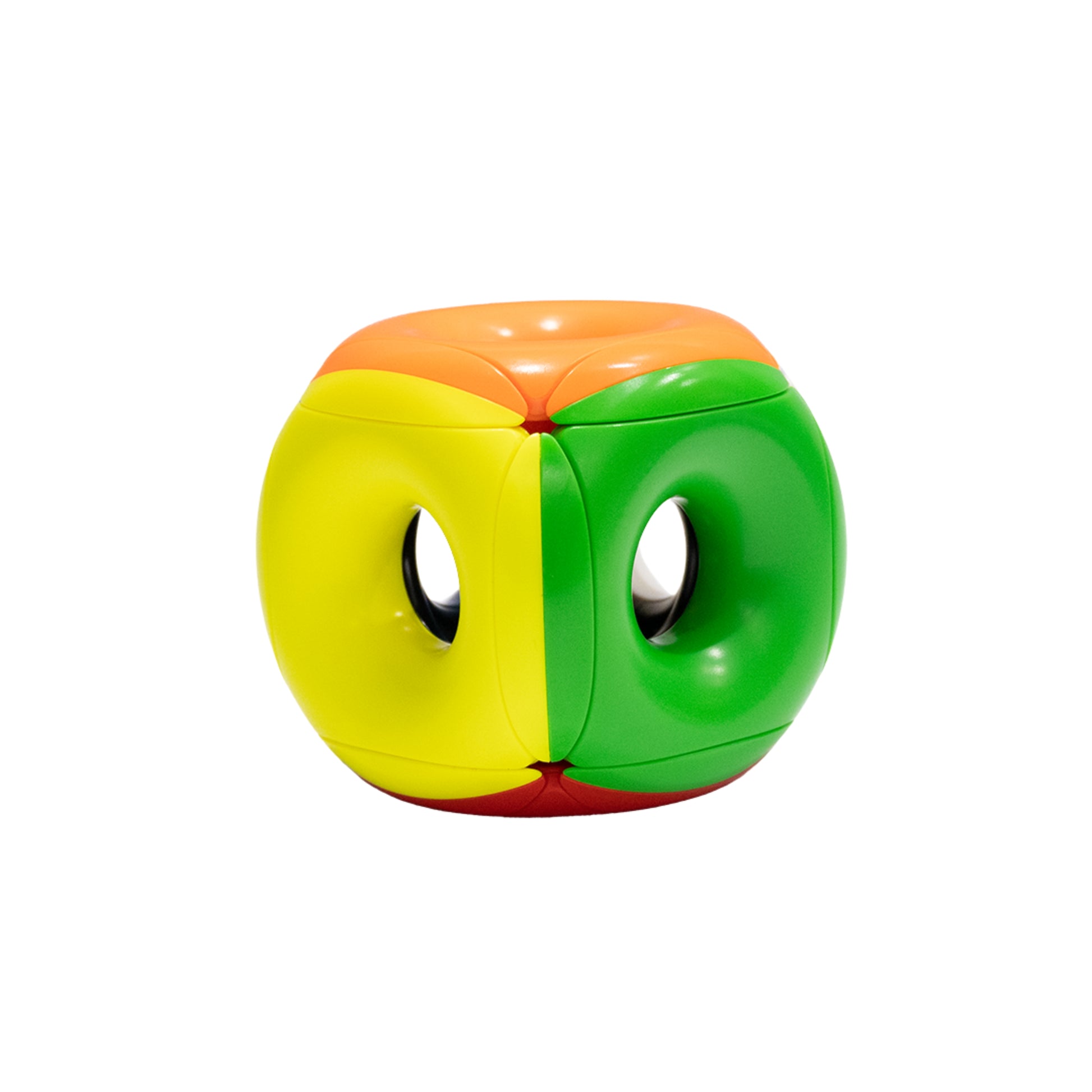 Hollow Rubix Cube with colorful design on a plain background