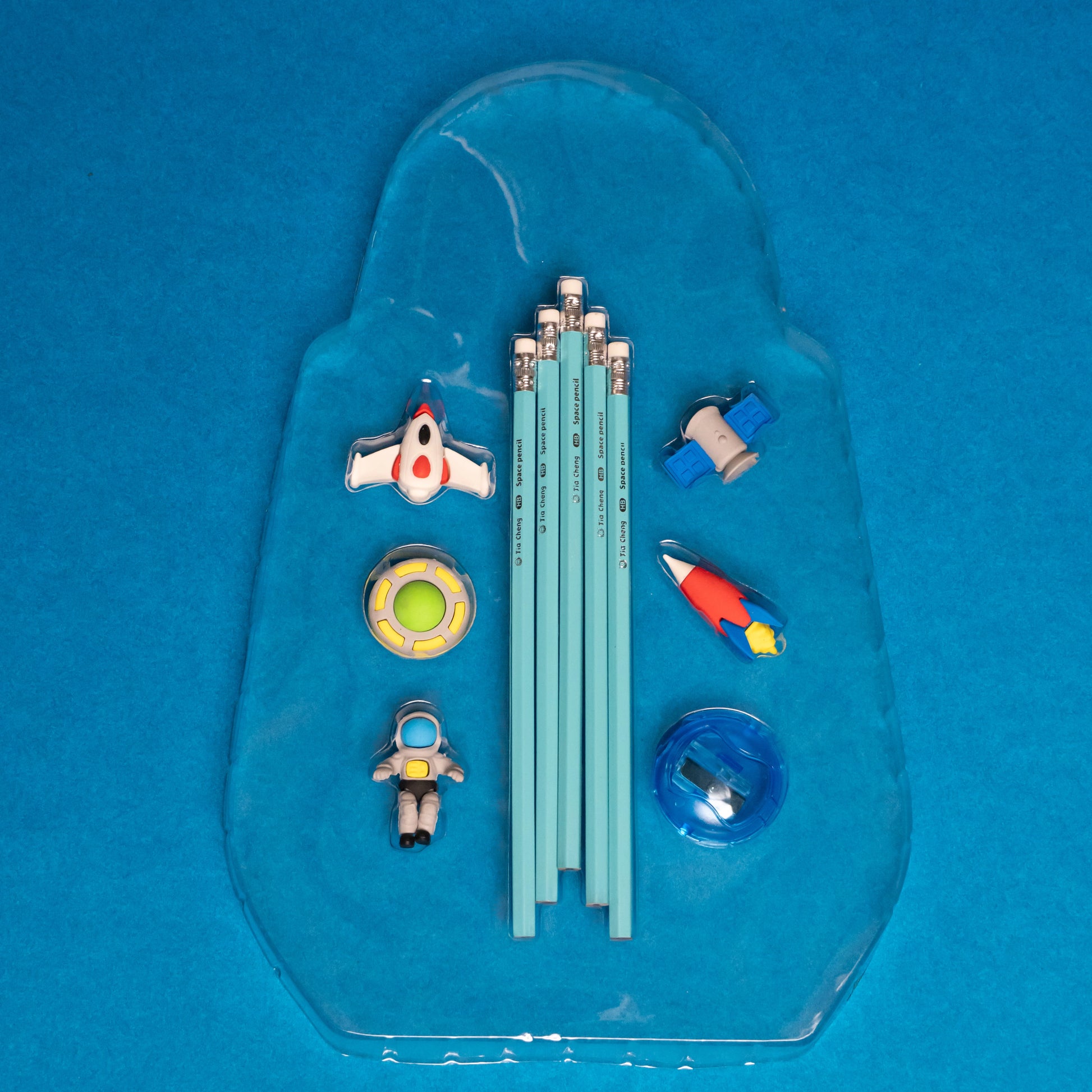 Neon Blue Kids Pencil Set with Rubber, Sharpener, and Case – Space Explorer