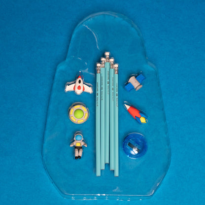 Neon Blue Kids Pencil Set with Rubber, Sharpener, and Case – Space Explorer