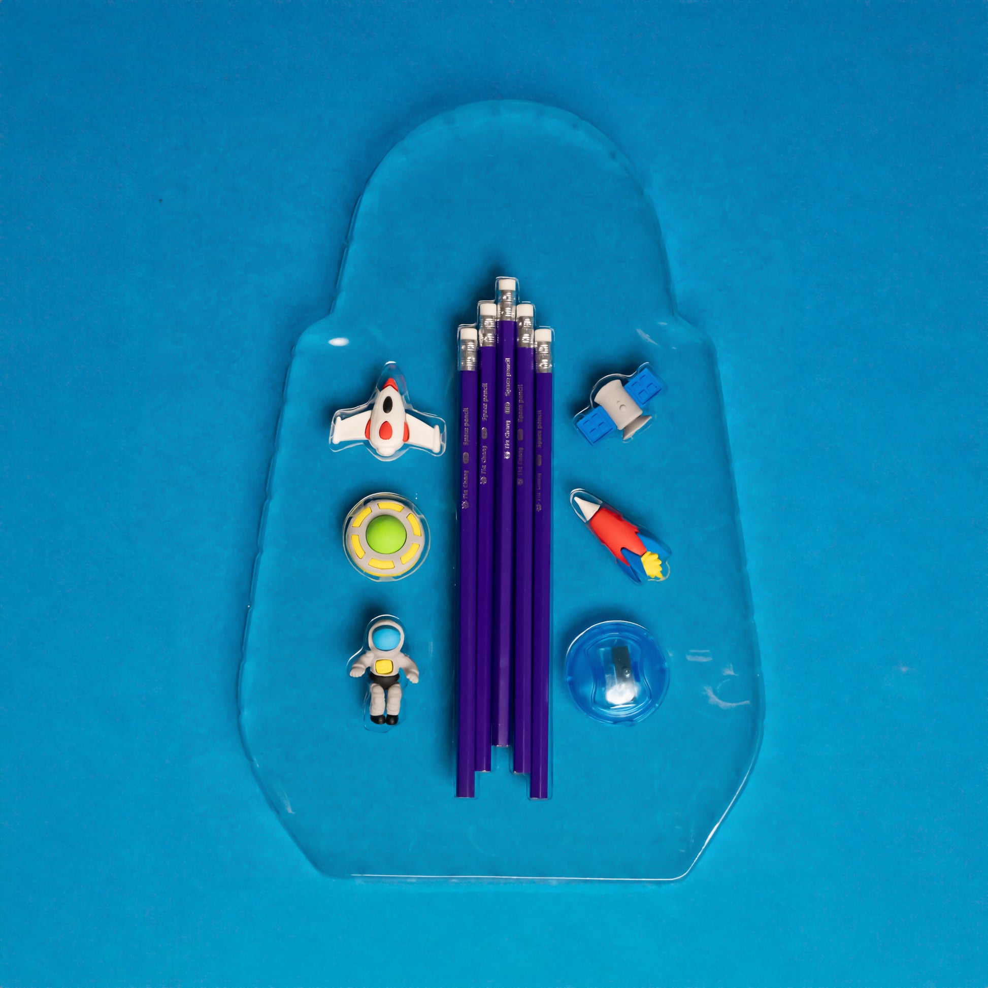 Neon Blue Pencil Set with Eraser and Sharpener – Space Theme Box for Kids