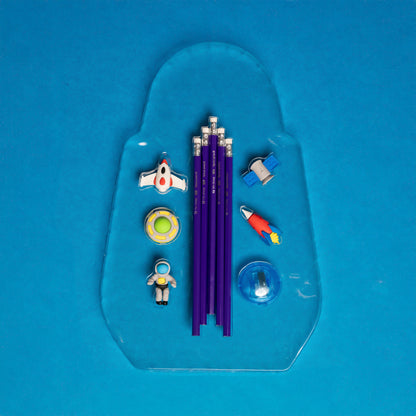 Neon Blue Pencil Set with Eraser and Sharpener – Space Theme Box for Kids