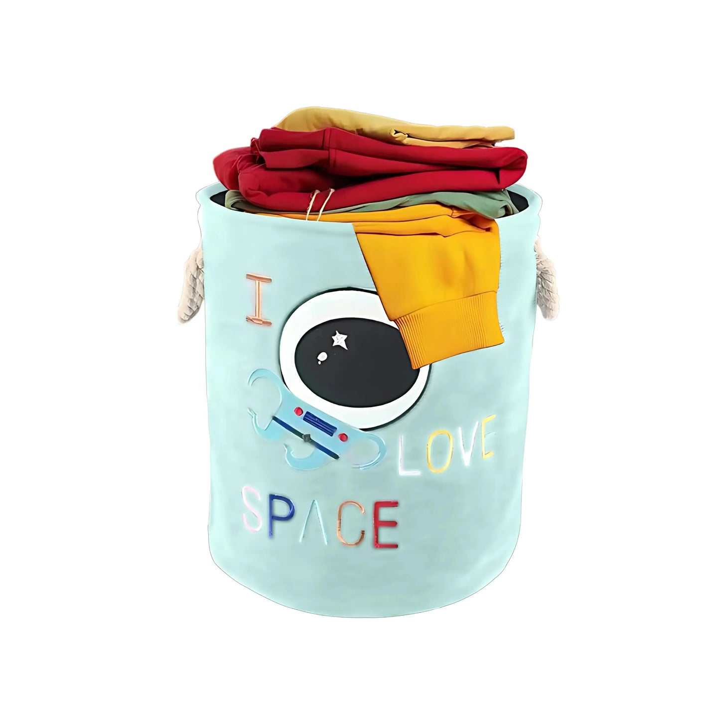Front view of space theme laundry bag on a white background