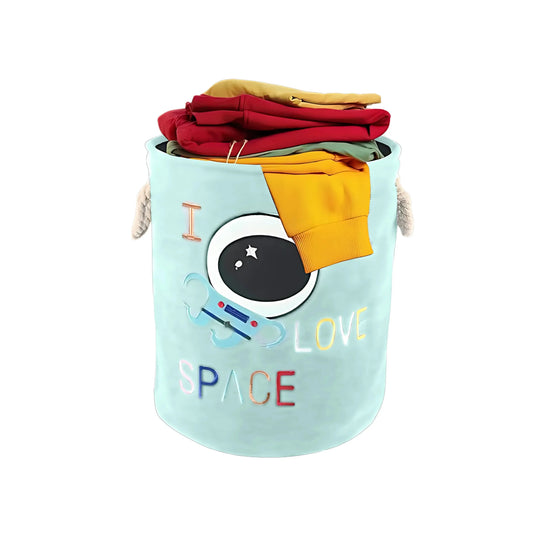 Front view of space theme laundry bag on a white background