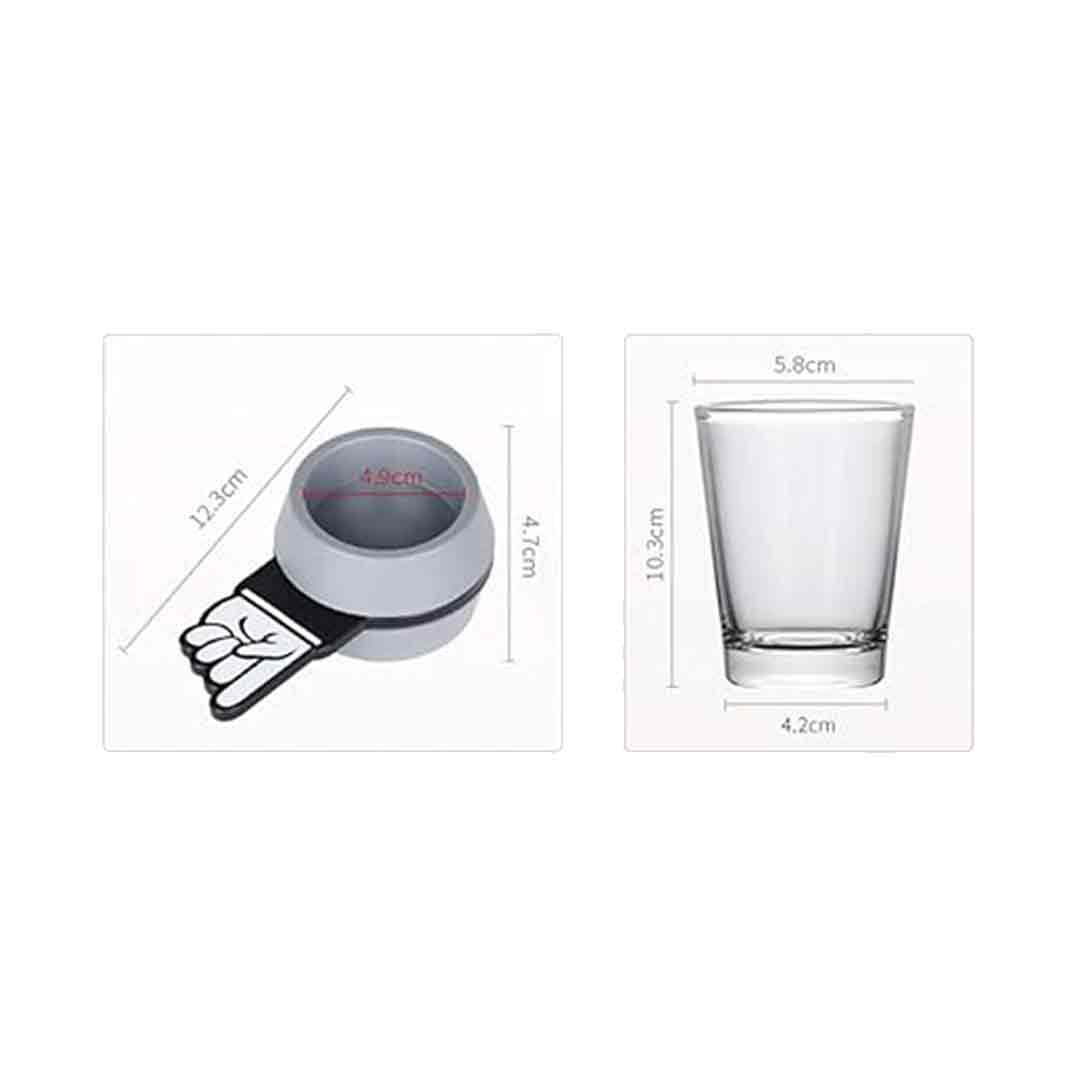 Spin & Sip Shot Glass and spinner on white background with visible measurements of both items