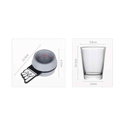 Spin & Sip Shot Glass and spinner on white background with visible measurements of both items