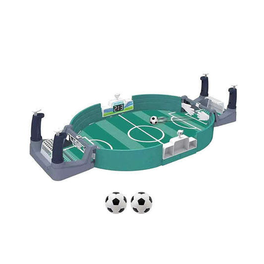 Front view of table football game with two footballs on a white background