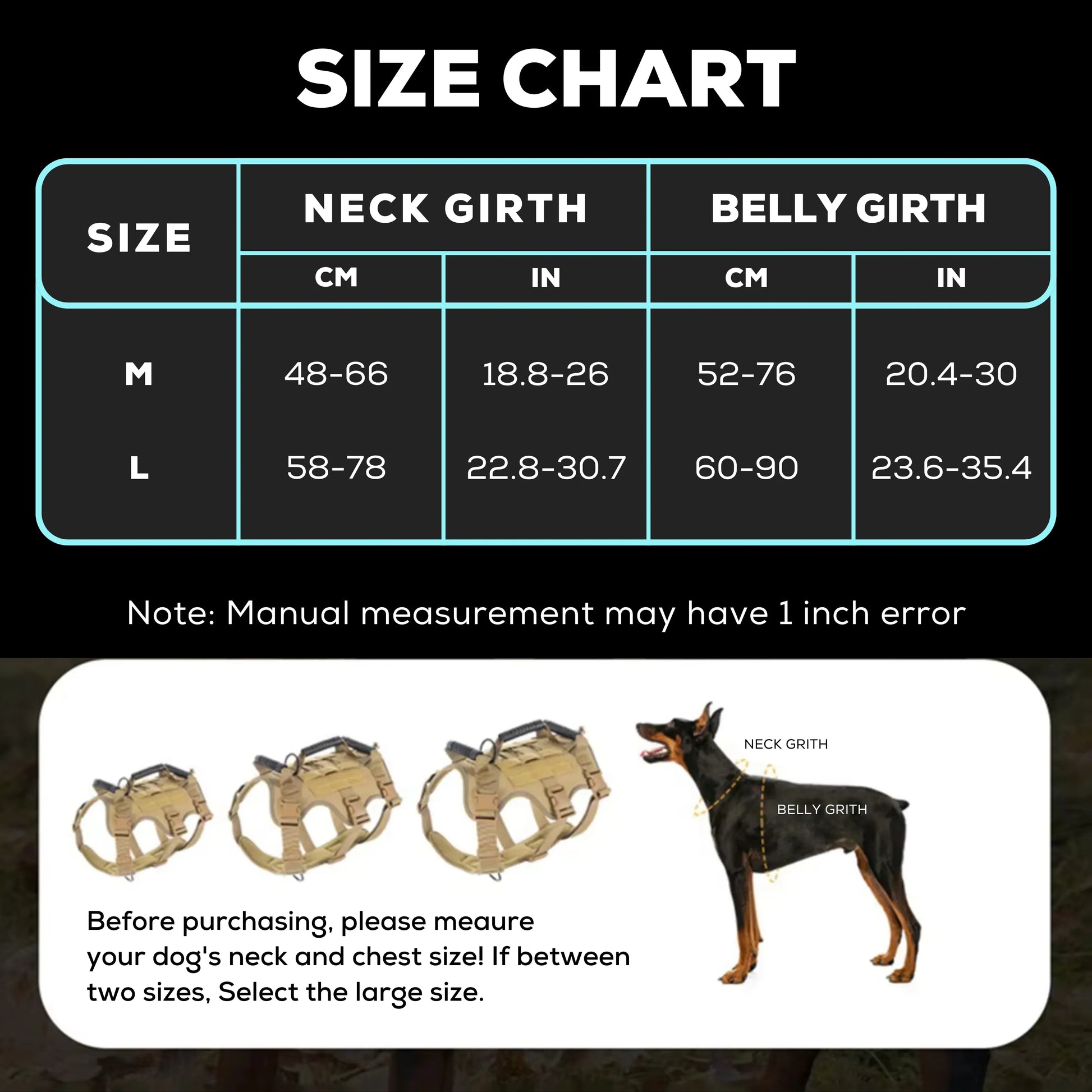 Tactical dog harness for medium to large dogs measurements