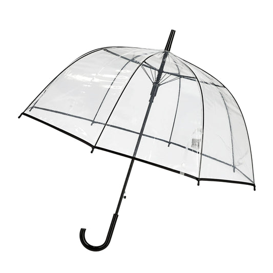 Transparent umbrella with curved hook handle in white background