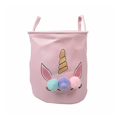 Front view of cute unicorn laundry bag displayed on a wide background