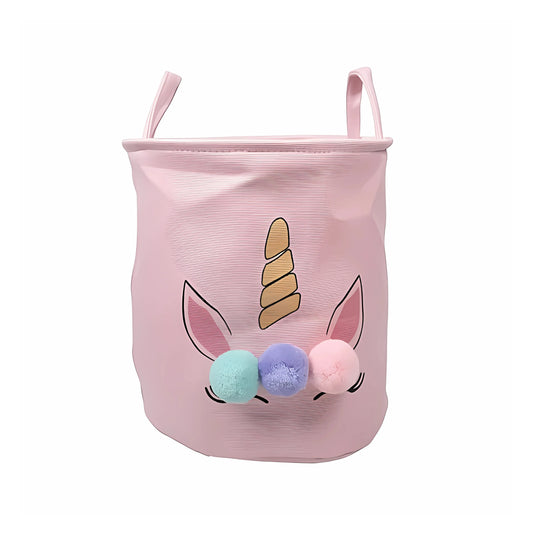 Front view of cute unicorn laundry bag displayed on a wide background