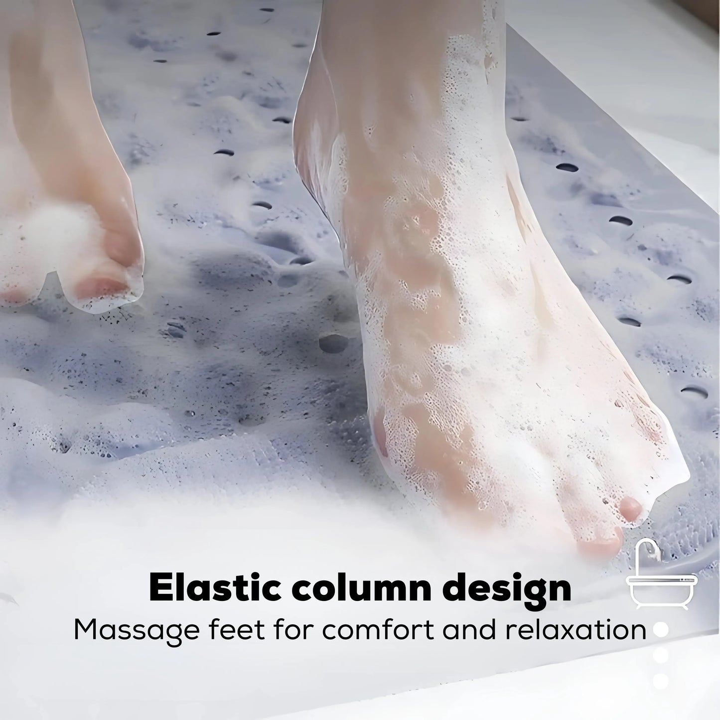 Person’s foot stepping on a textured blue bath mat with water flowing around.