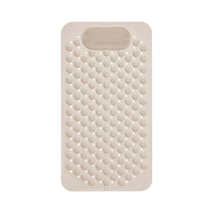 Top view of a beige anti-slip bathroom mat featuring dense suction cups.