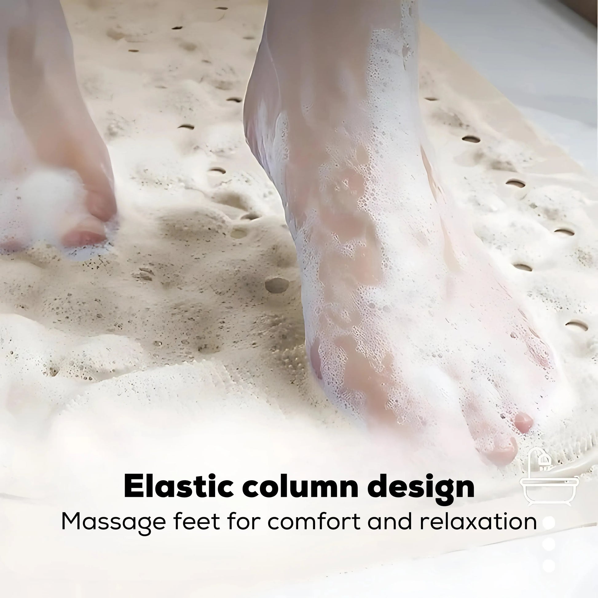 Foot pressing into soft elastic massage columns on a shower mat.