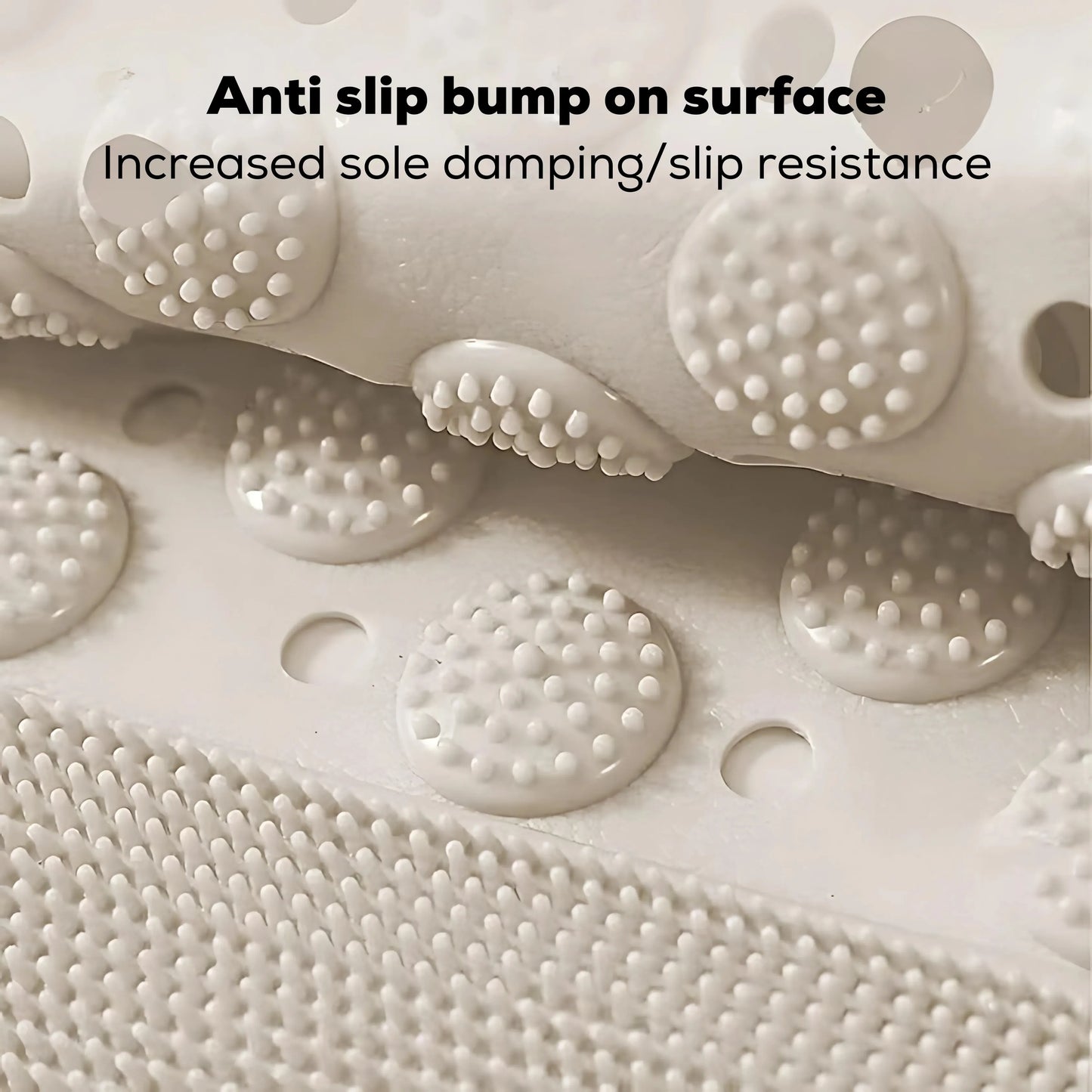 Close-up of large round suction cups on the back of a bath mat for strong grip.