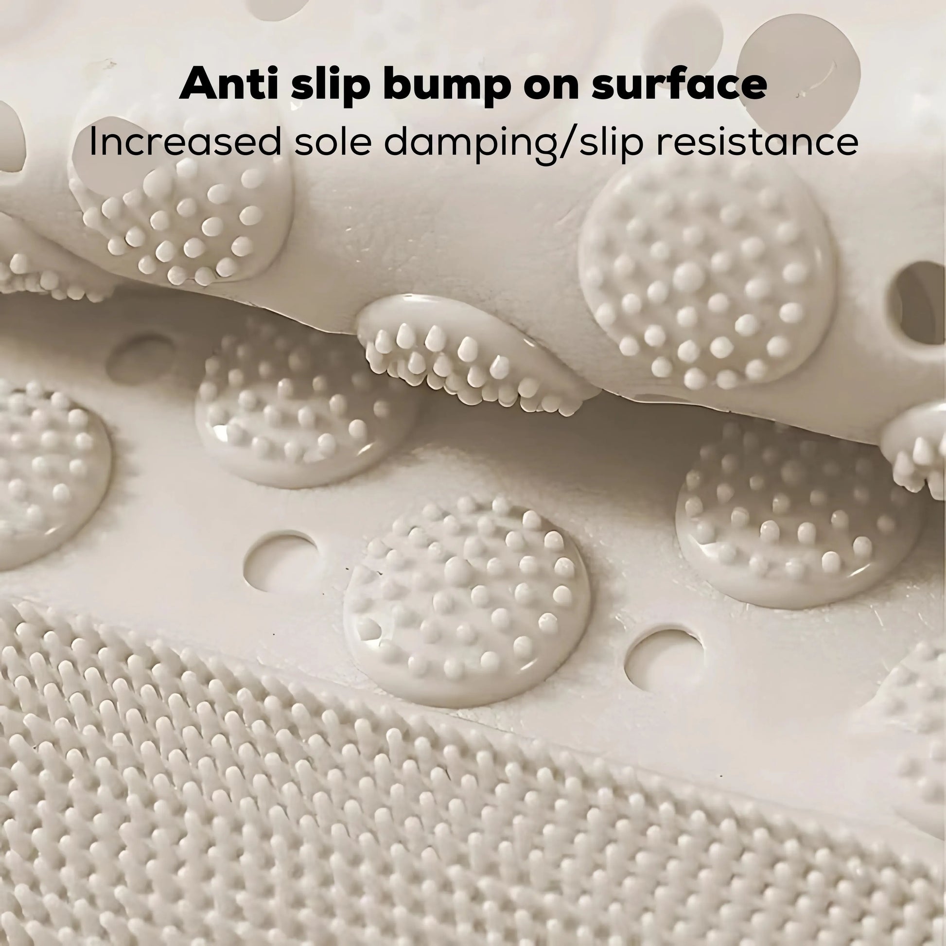 Close-up of large round suction cups on the back of a bath mat for strong grip.