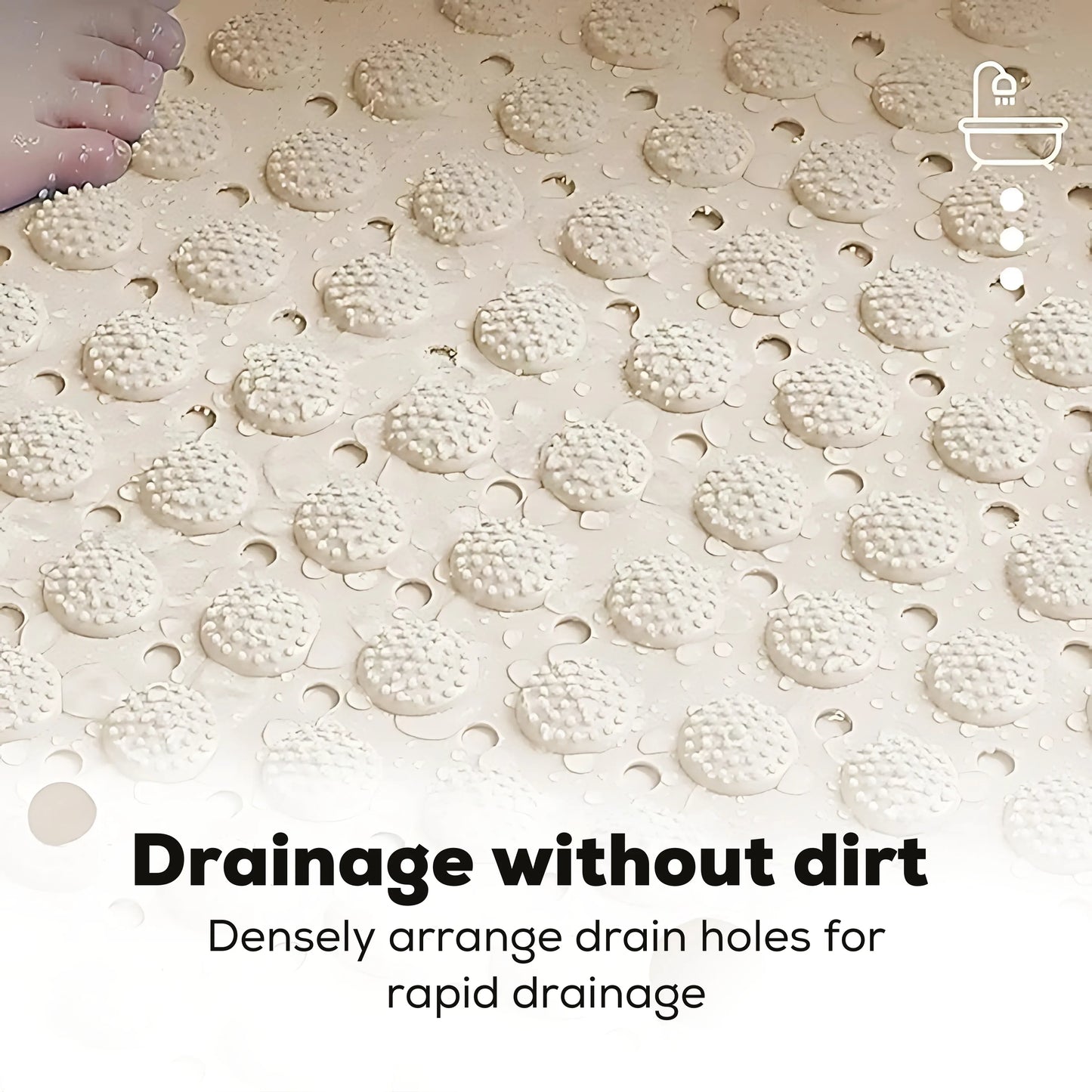 Close-up of large round suction cups on the back of a bath mat for strong grip.