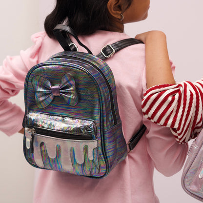 Stylish black school bag for kids featuring a glittery bow and drip effect