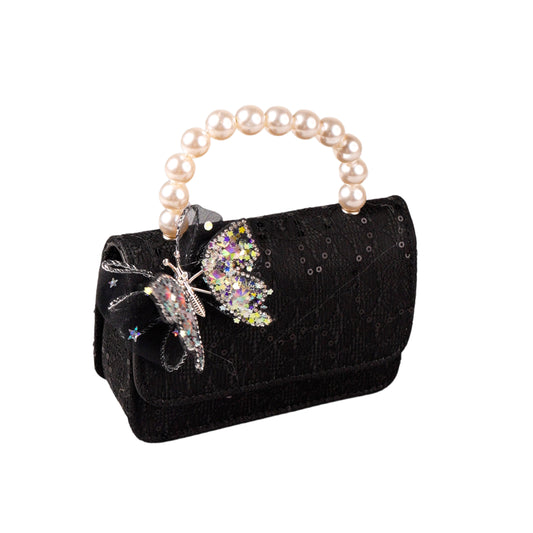 Black butterfly mini bag with pearl handle for girls
