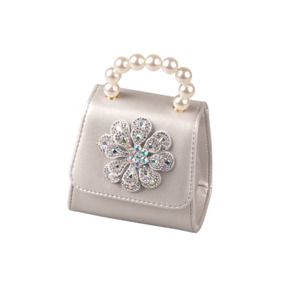 Gold mini girls bag with crystal flower and pearl detail