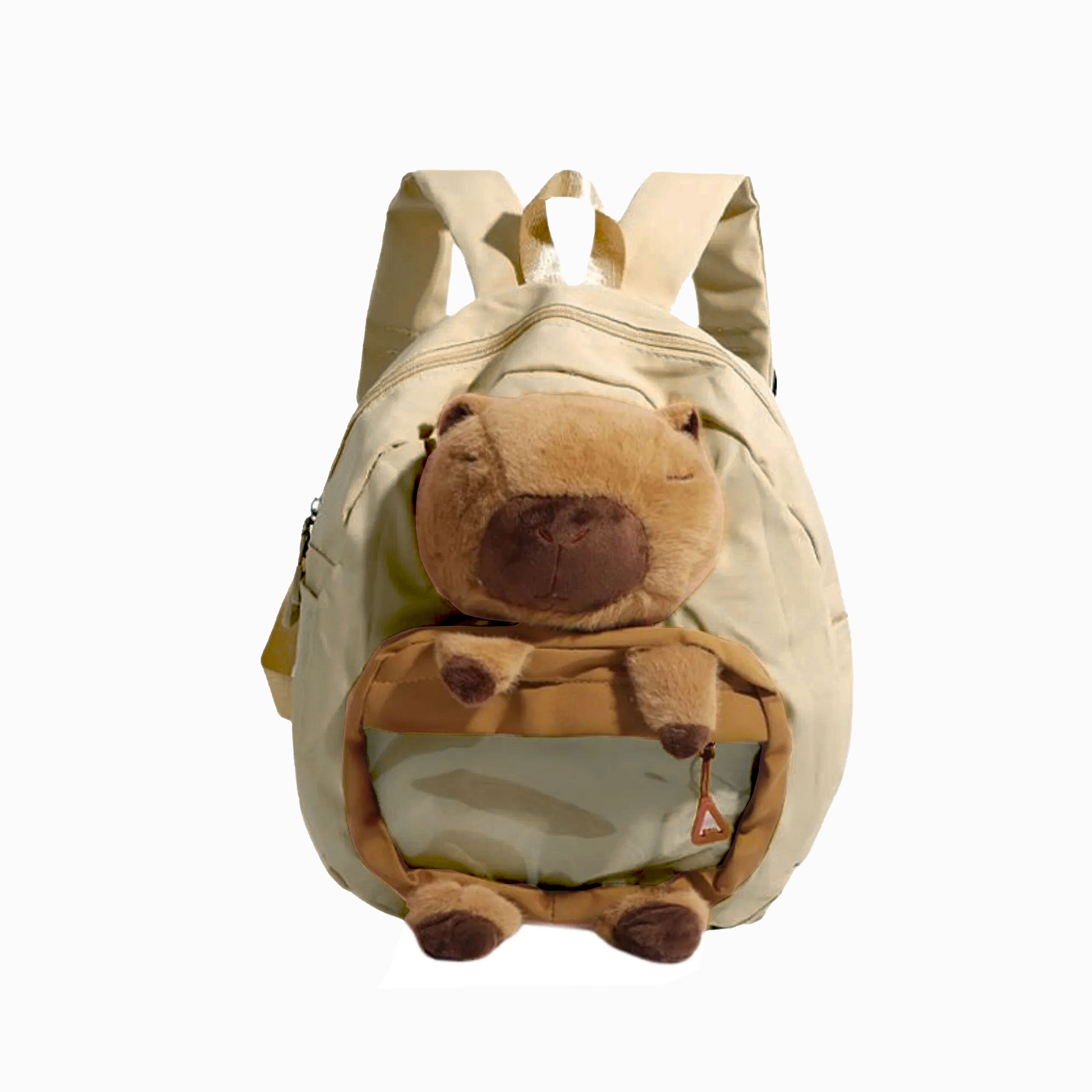 Front view showing accessories inside of beige Cuddly Buddy Backpack