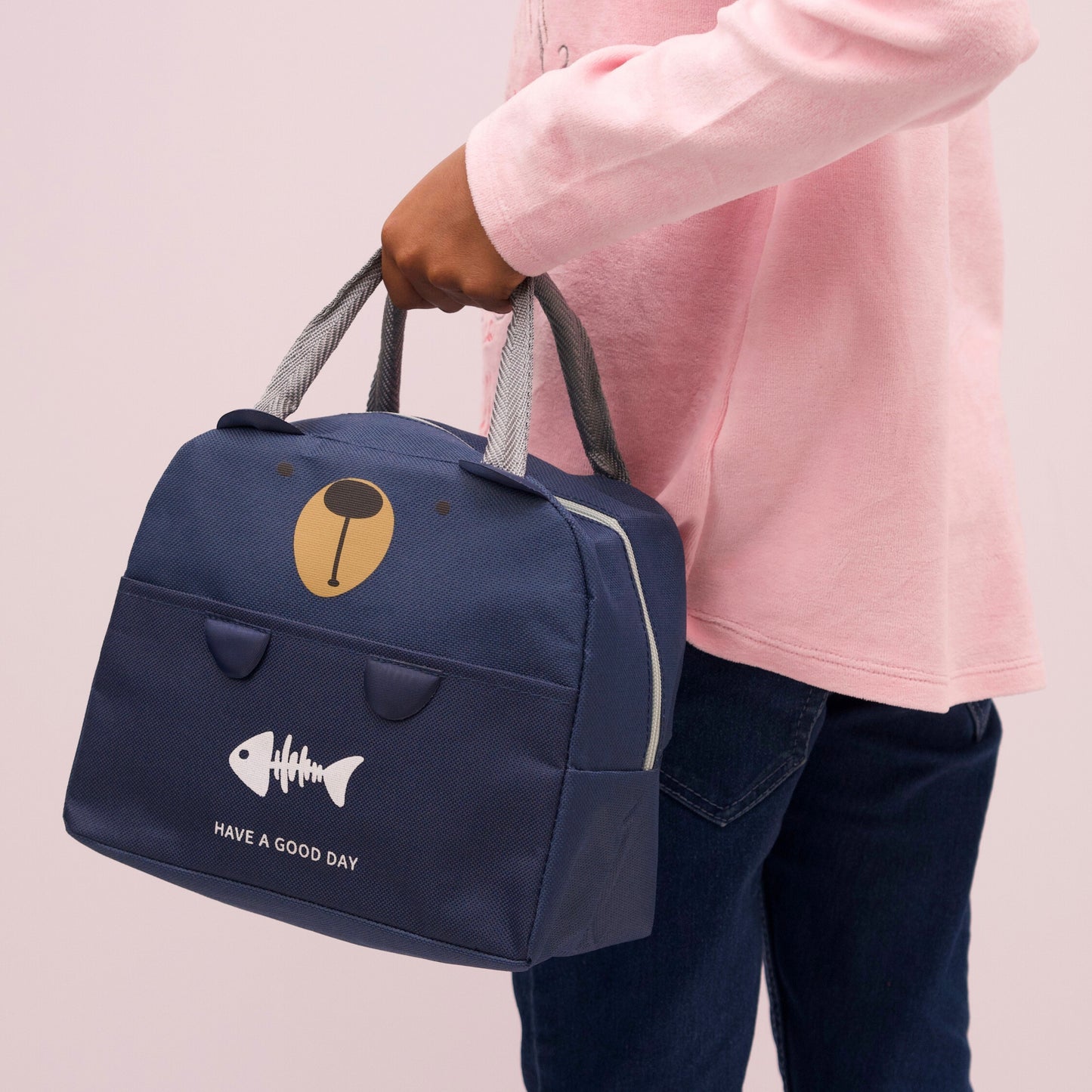 Adorable Navy Blue Animal-Themed Lunch Bag with Insulated Pockets