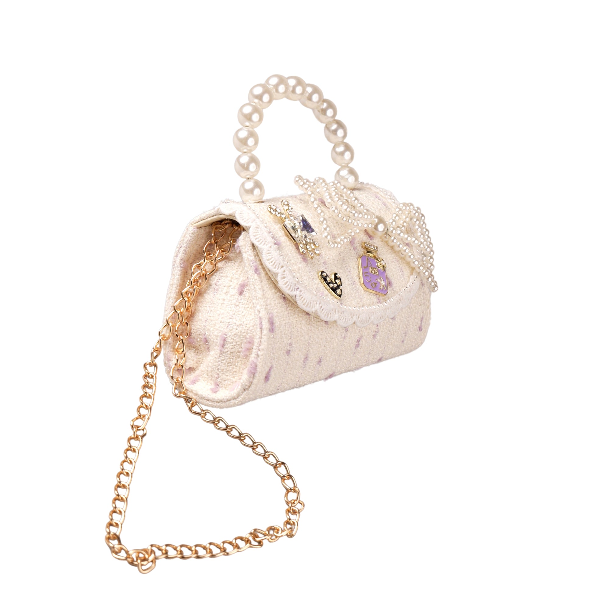 Pearl handle bow sling bag for girls in pink