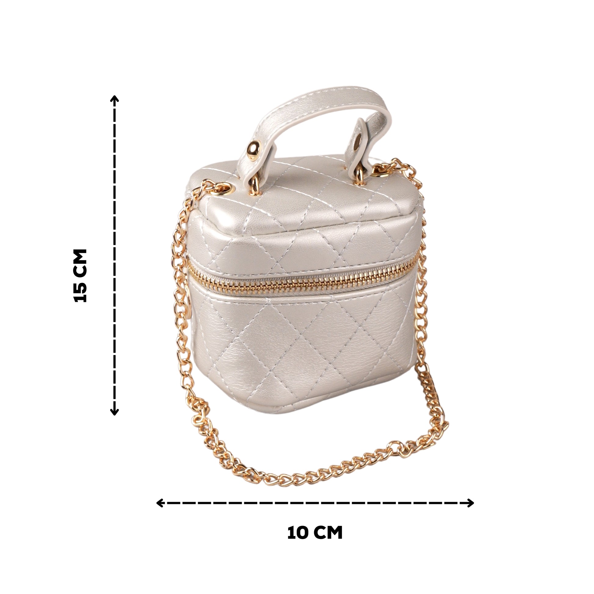 Mini vanity bag with quilted design and gold zipper