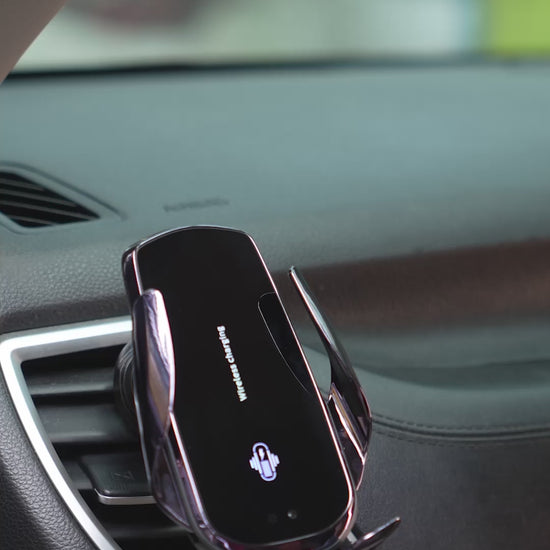 Automatic locking car phone holder with touch sensor, shown in dashboard vent.