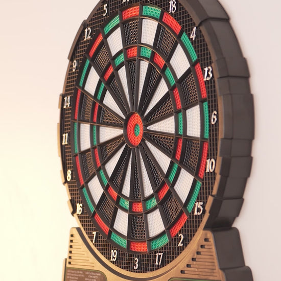 Electronic dartboard with digital display and six red darts.