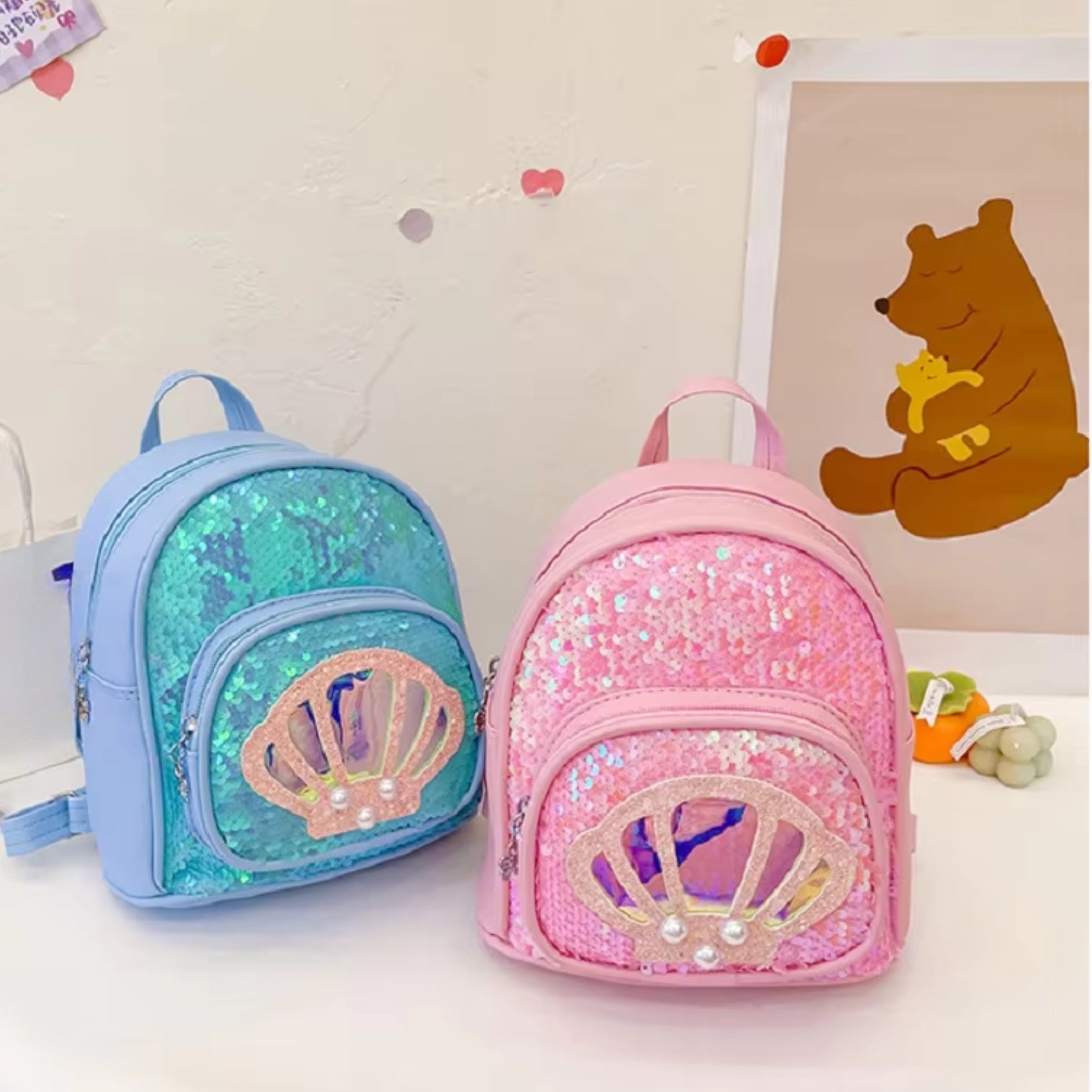Cute mini backpack for girls with glitter and seashell design