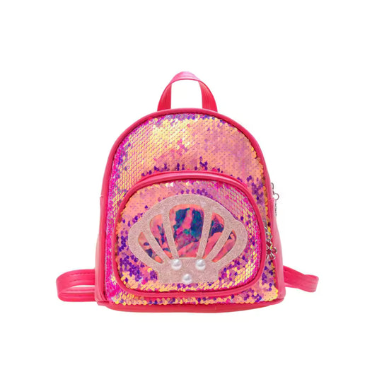 Cute mini backpack for girls with glitter and seashell design