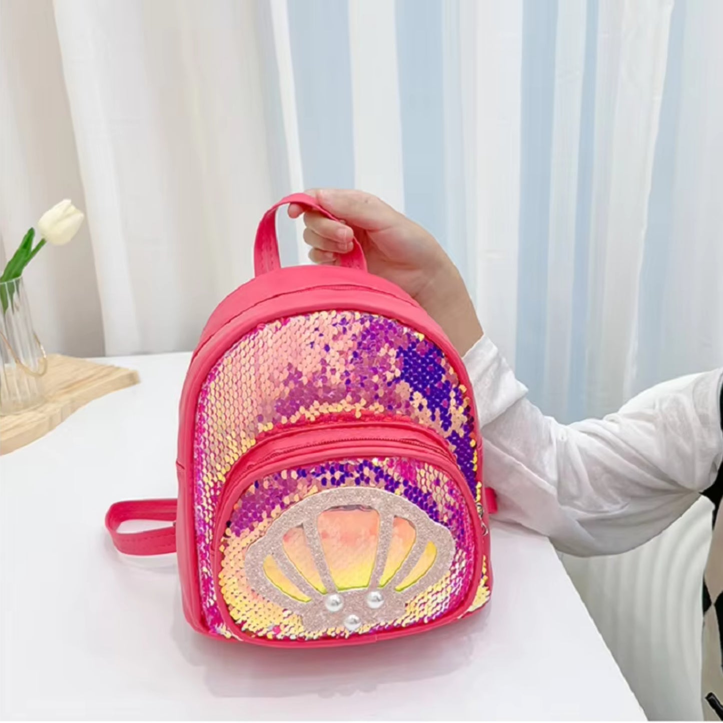 Cute mini backpack for girls with glitter and seashell design