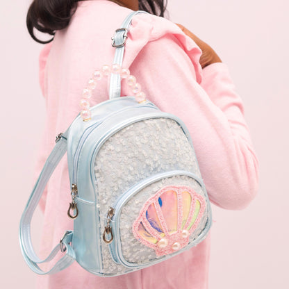 Cute mini backpack for girls with glitter and seashell design