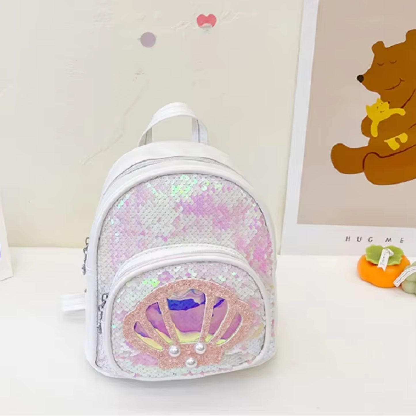 Cute mini backpack for girls with glitter and seashell design