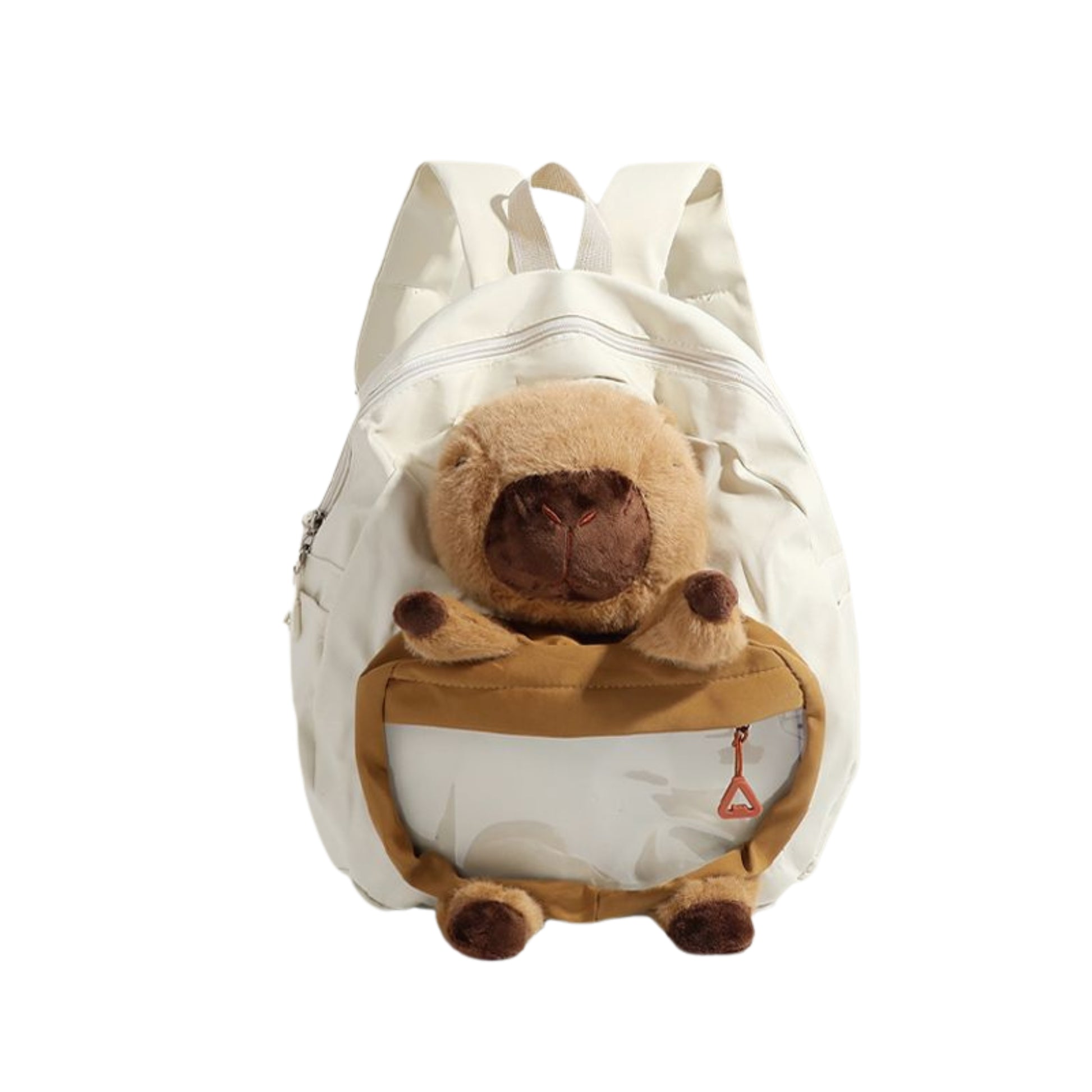 Front view showing accessories inside of white Cuddly Buddy Backpack